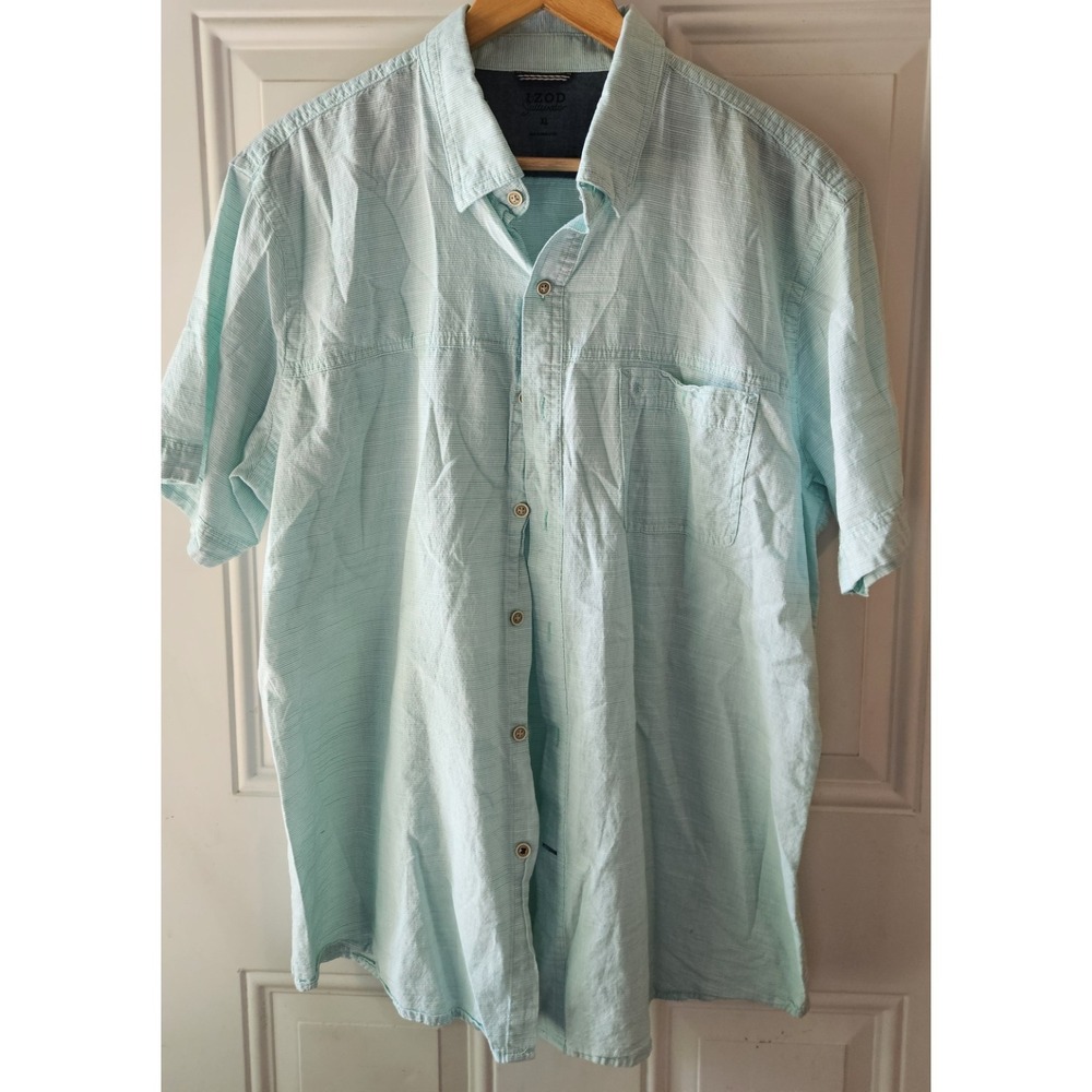 IZOD Saltwater Button Front‎ Shirt Men's XL Aqua Striped Short Sleeve Casual